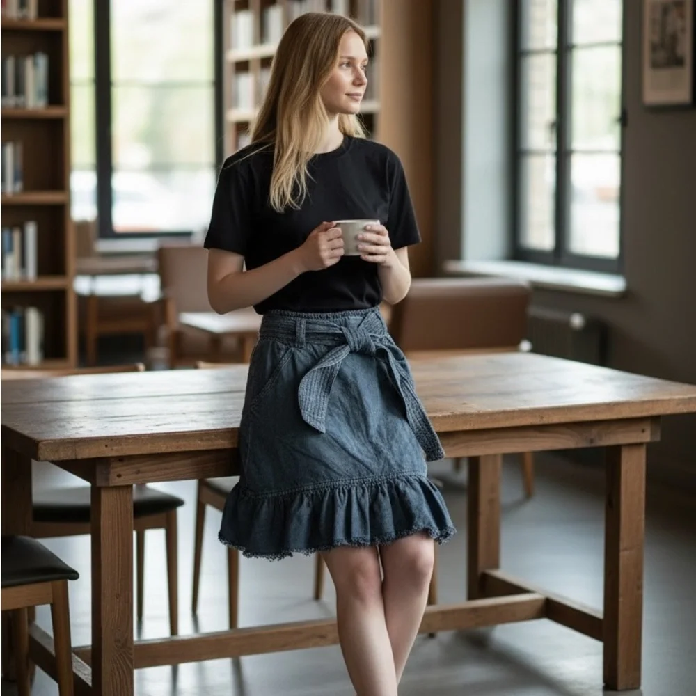 Pilcro Anthropologie Teal Amora Tie Waist Skirt with Bow - Picture 2 of 4